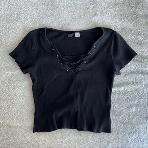 Black cropped tee with lace up detail